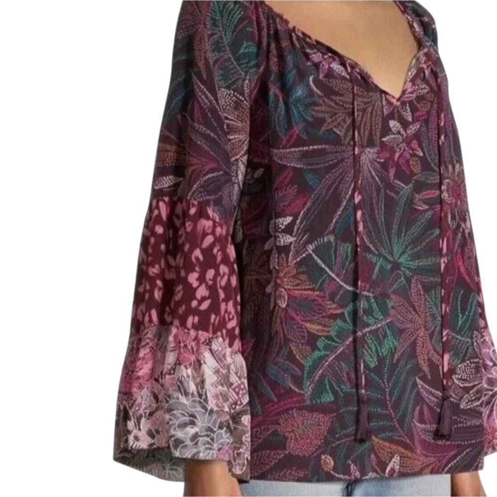 Johnny Was Jade Toledo Tiered Silk Boho Chic Blouse size XL Tropical Leaf